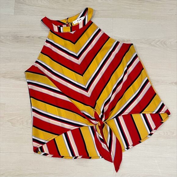 E&M Sleeveless Tie Front Halter Neck Blouse Red Yellow White - Small LIKE NEW - Picture 10 of 10